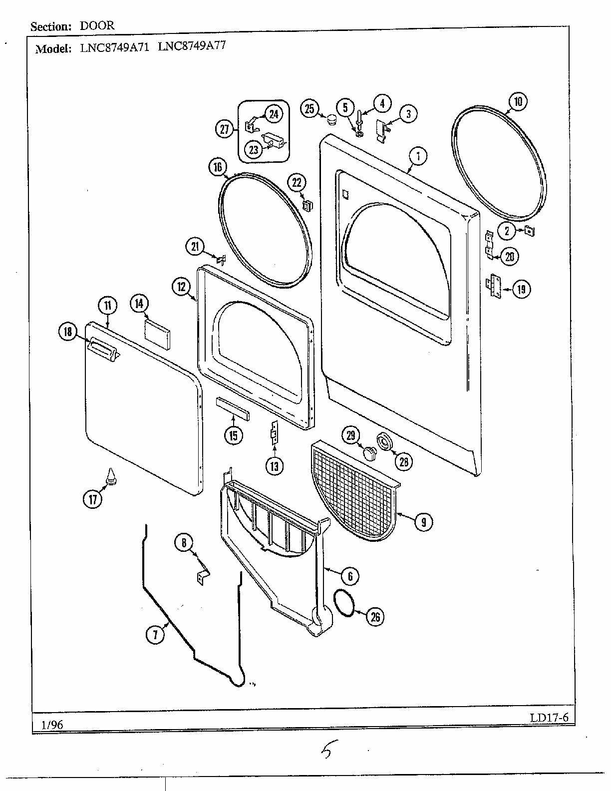 Door Diagram and Parts List for LNC8749A77  Maytag Dryer