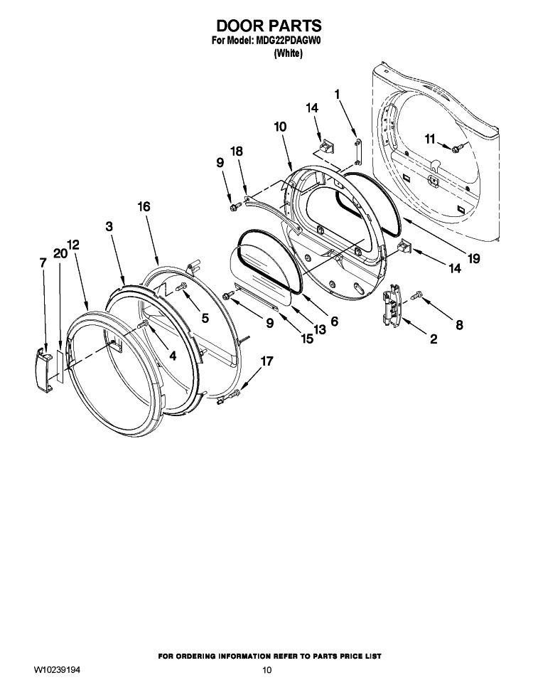 DOOR PARTS Diagram and Parts List for MDG22PDAGW0  Maytag Dryer