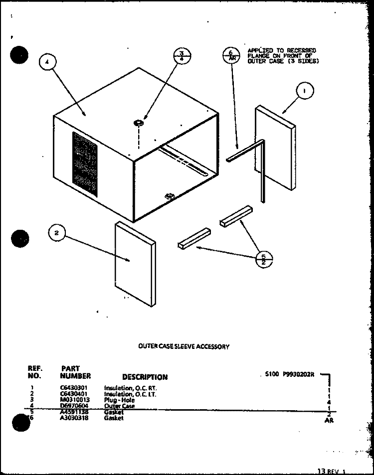 OUTER CASE SLEEVE ACCESSORY Diagram and Parts List for S100 P9930202R Hoover Wall Oven