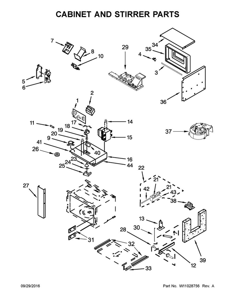 Cabinet And Stirrer Parts Diagram and Parts List for JMW2327WS02  Jenn-Air Microwave