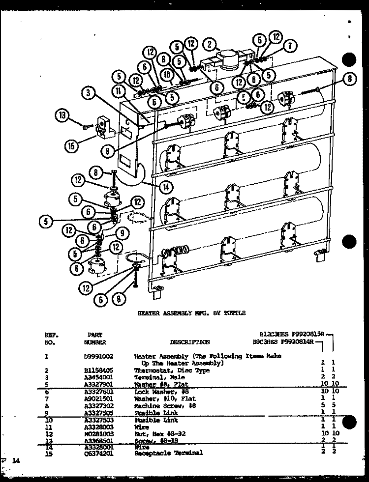 HEATER ASSY MFG. BY TUTTLE Diagram and Parts List for B12C3HES P9920815R Amana Air Conditioner
