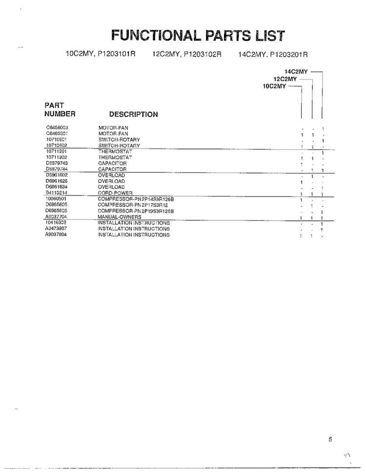 Functional Parts List Diagram and Parts List for 5792  Amana Air Conditioner