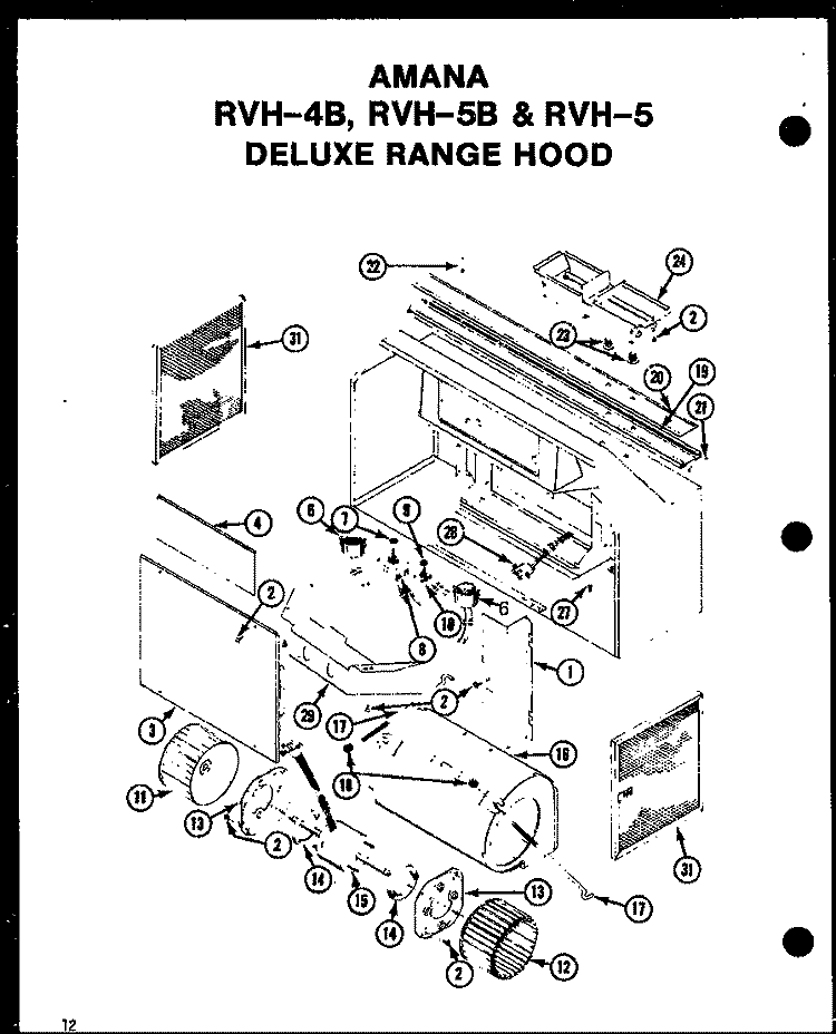 DELUXE RANGE HOOD Diagram and Parts List for RVH-5 P2730801S Amana Microwave
