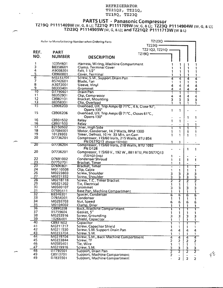 Panasonic Compressor Page 2 Diagram and Parts List for TZ21Q  Amana Refrigerator