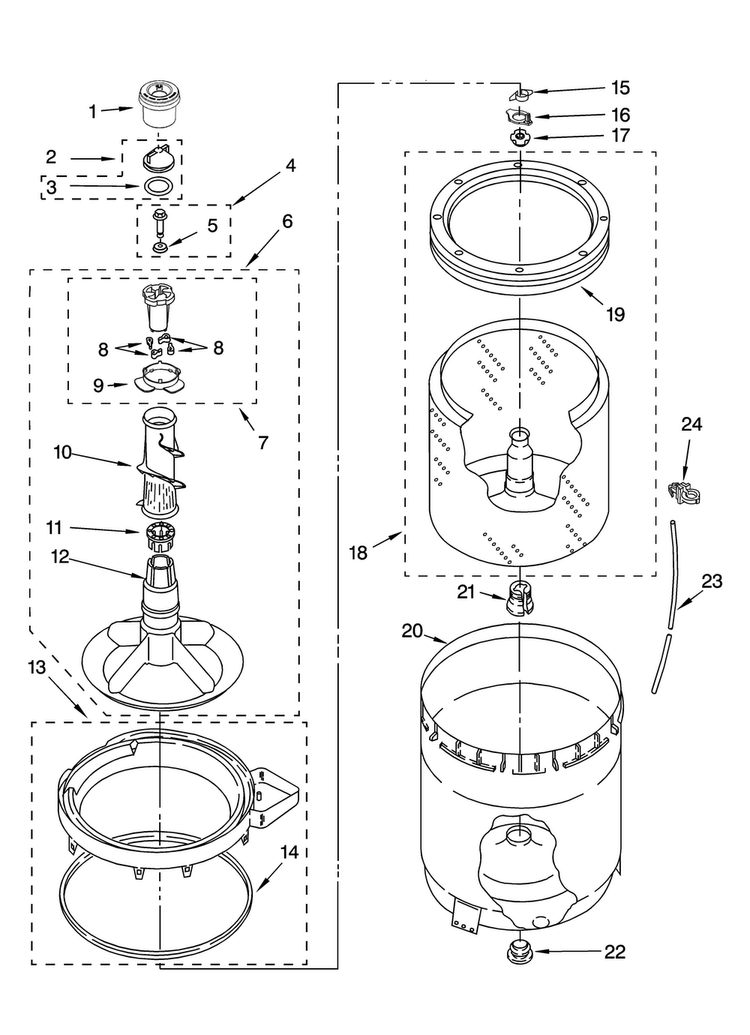 Agitator, Basket And Tub Parts Diagram and Parts List for NTW4800VQ0  Amana Washer