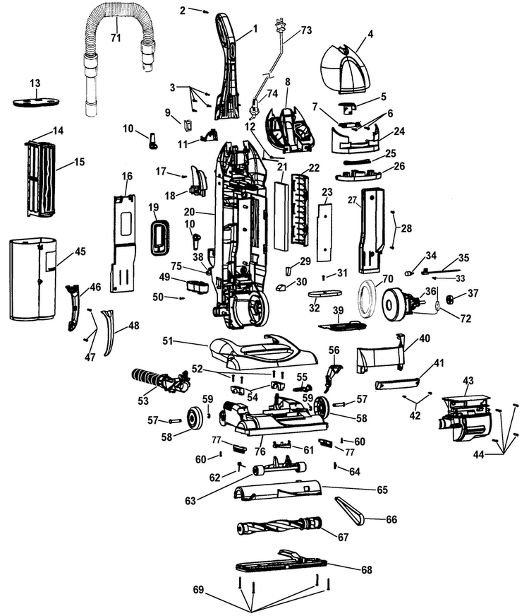 Complete Assembly Diagram and Parts List for U5725-960  Hoover Upright Vacuum
