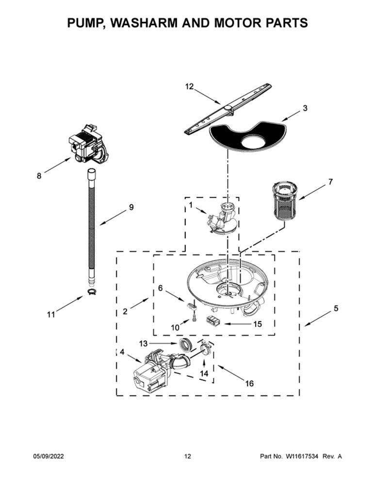 Pump, Washarm And Motor Parts Diagram and Parts List for ADB1400AGS2  Amana Dishwasher