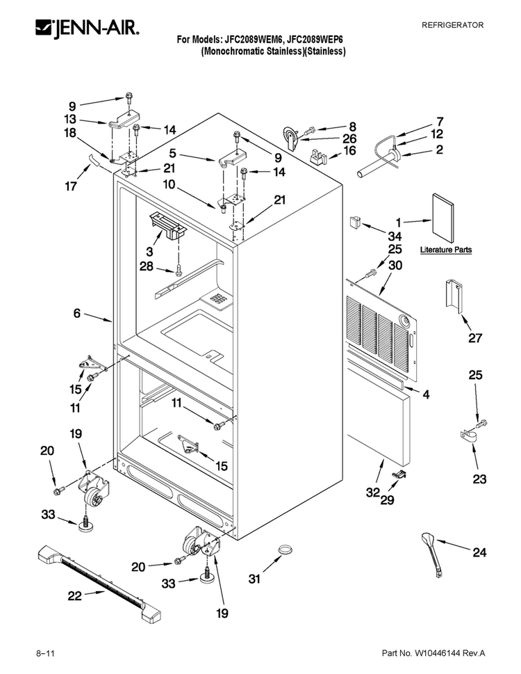 Cabinet Parts Diagram and Parts List for JFC2089WEP6  Jenn-Air Refrigerator