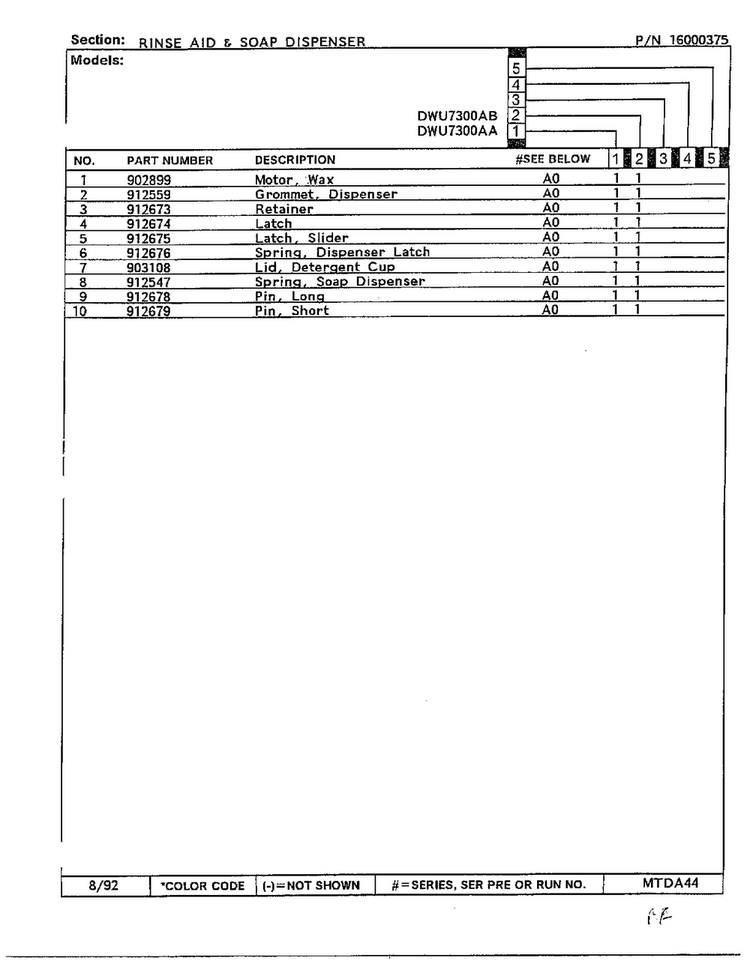Rinse Aid & Soap Dispenser Page 2 Diagram and Parts List for DWU7300A  Maytag Dishwasher