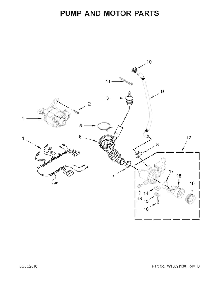 Pump And Motor Parts Diagram and Parts List for MHN33PRCWW0  Maytag Washer