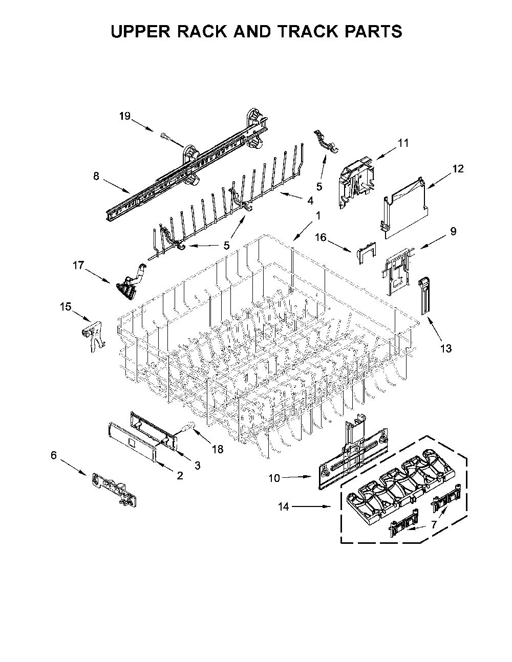 Upper Rack And Track Parts Diagram and Parts List for 66514719N710  Kenmore Dishwasher