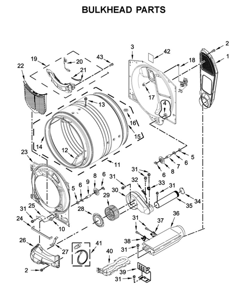 Bulkhead Parts Diagram and Parts List for MED6630HC1  Maytag Dryer