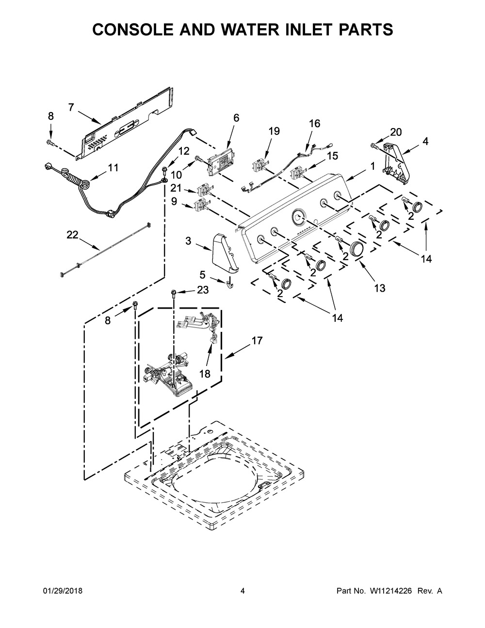 Console And Water Inlet Parts Diagram and Parts List for 7MMVWC565FW0  Maytag Washer