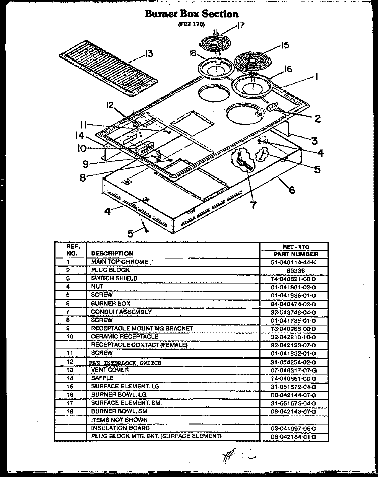 BURNER BOX SECTION Diagram and Parts List for FET170  Amana Cooktop