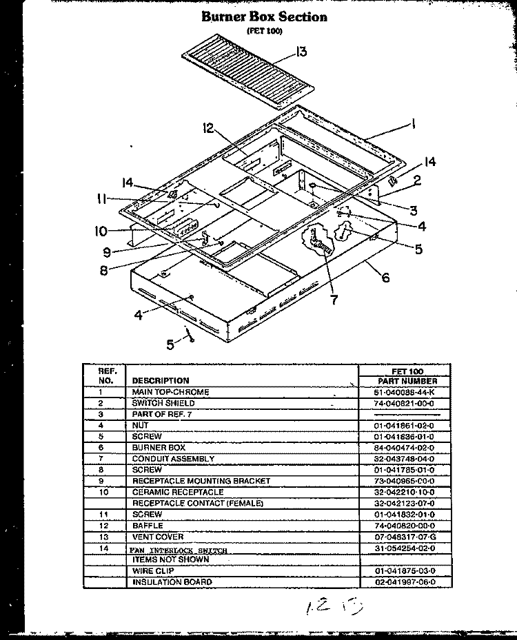 BURNER BOX SECTION Diagram and Parts List for FET100  Amana Cooktop