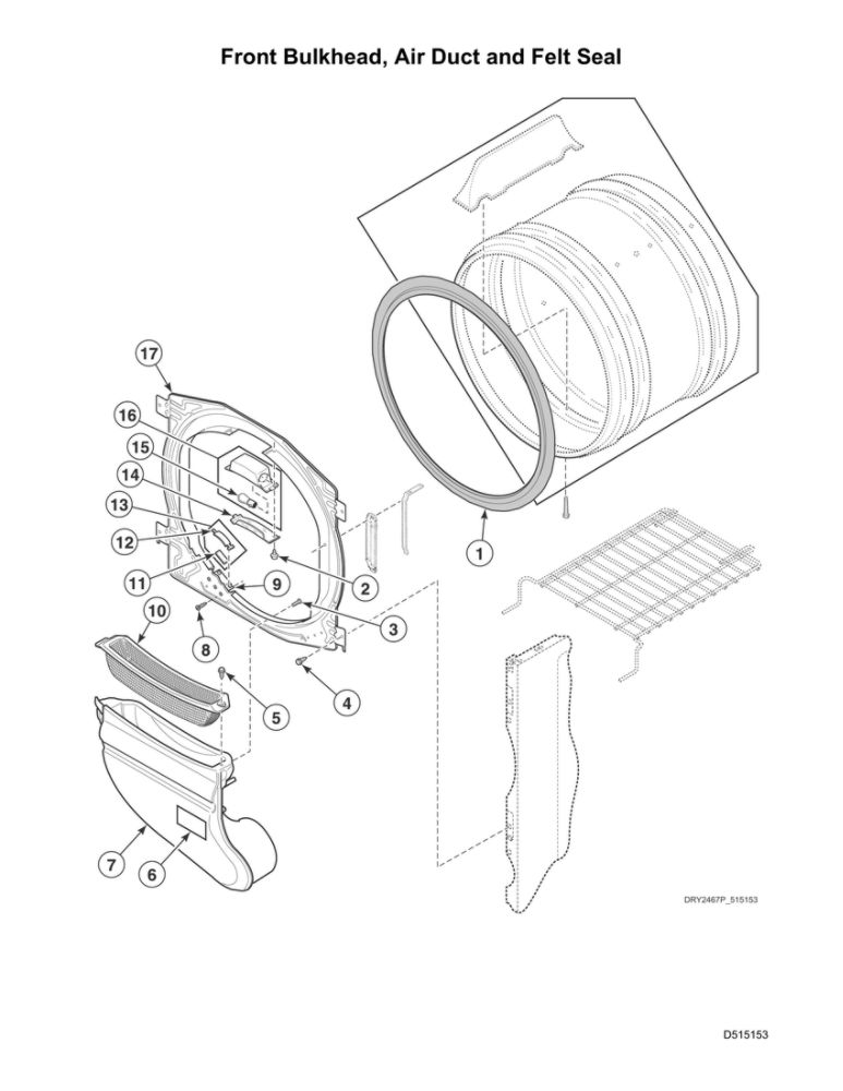 Front Bulkhead/Air Duct/Felt Seal Diagram and Parts List for ADEE8RGS173TW01  Speed Queen Dryer