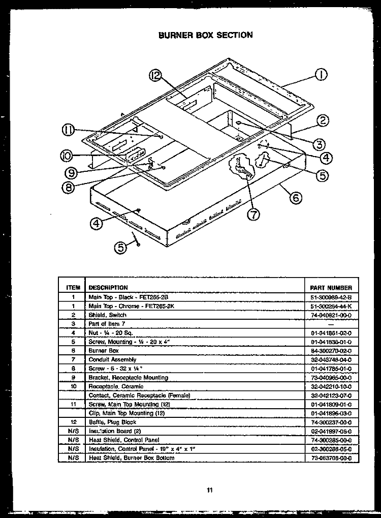 BURNER BOX SECTION Diagram and Parts List for FET265  Amana Cooktop