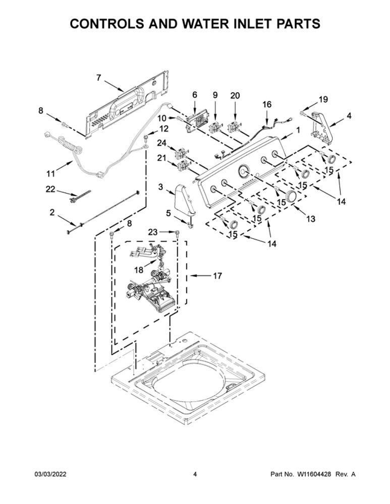 Controls And Water Inlet Parts Diagram and Parts List for MVWC465HW4  Maytag Washer