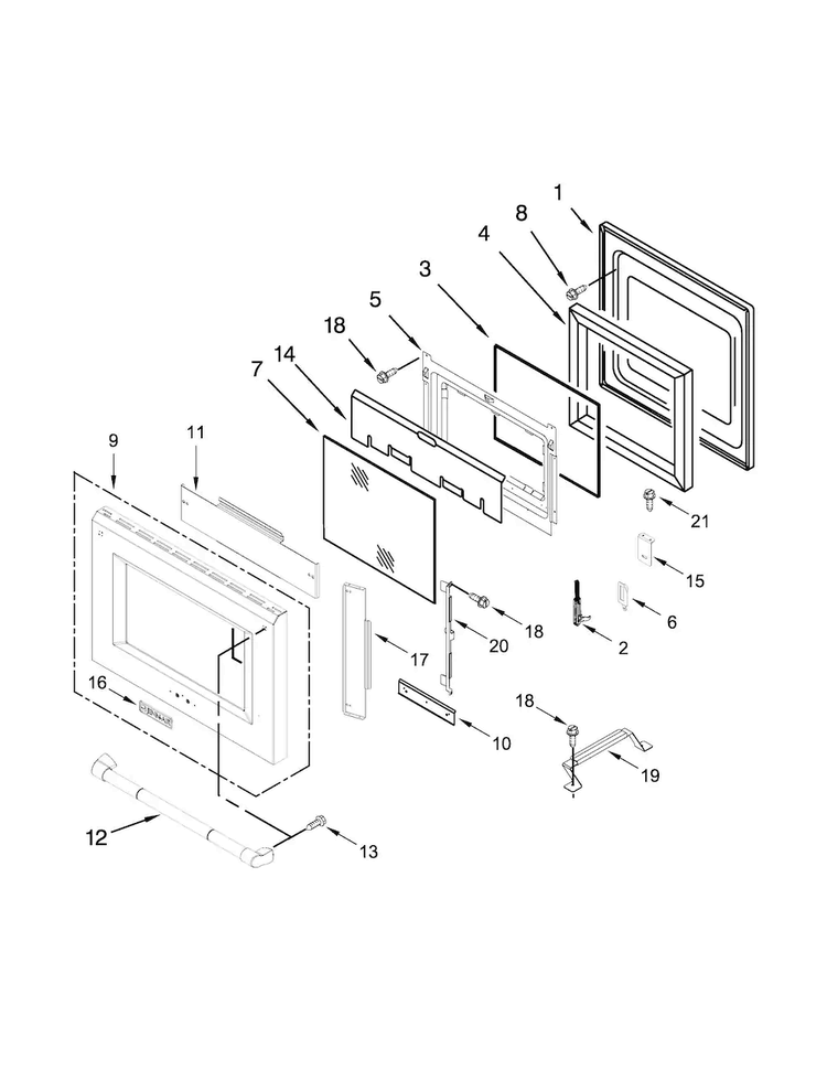 Oven Door Parts Diagram and Parts List for JLRP536WP00  Jenn-Air Range