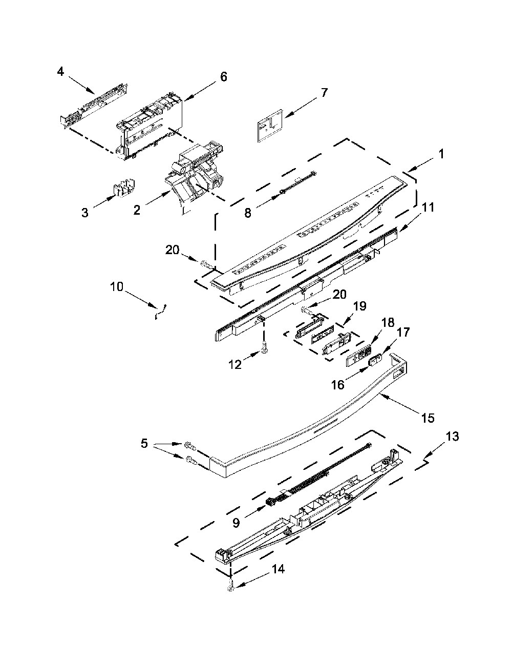 Control Panel And Latch Parts Diagram and Parts List for 66512833K313  Kenmore Dishwasher