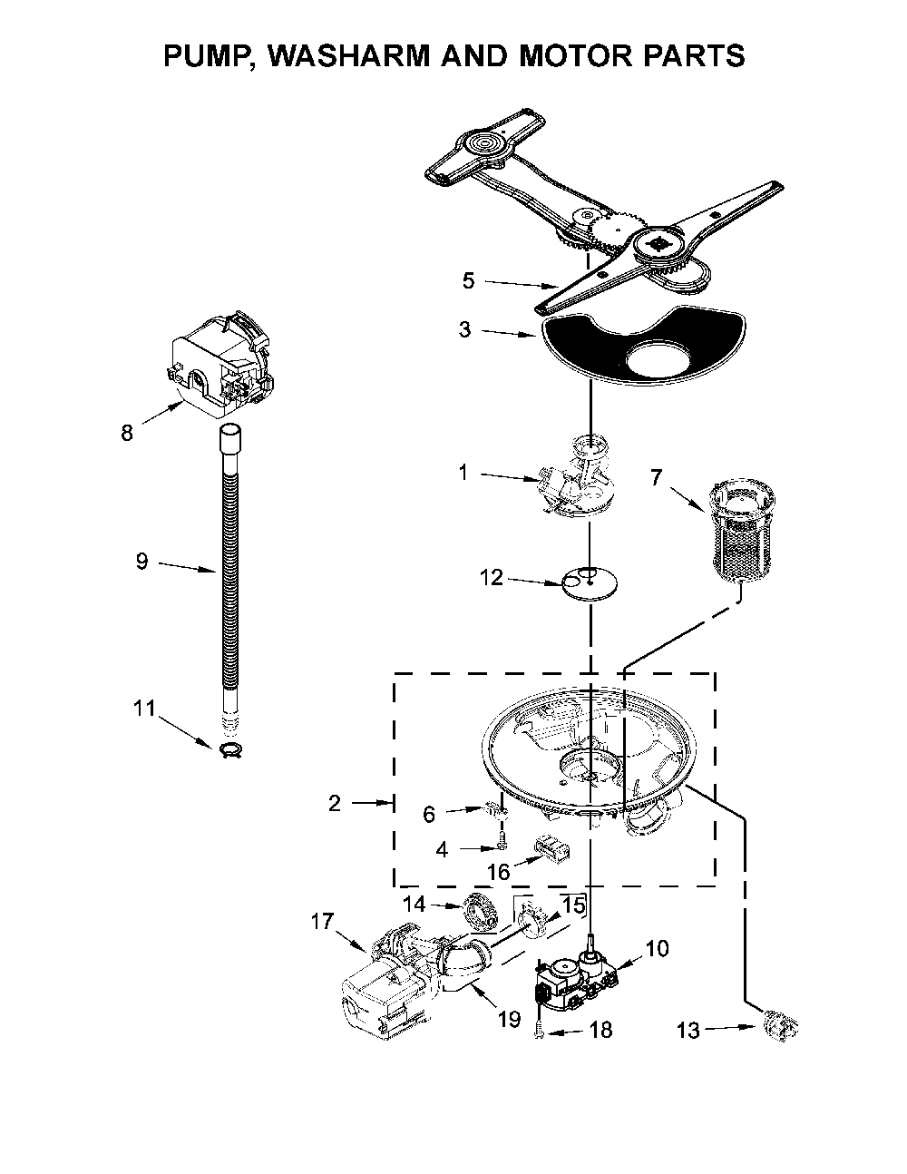 Pump, Washarm And Motor Parts Diagram and Parts List for 66512776K315  Kenmore Dishwasher