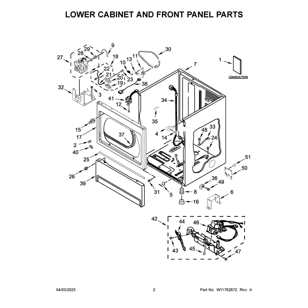 Lower Cabinet And Front Panel Parts Diagram and Parts List for MLG26PRLWW0  Maytag Dryer