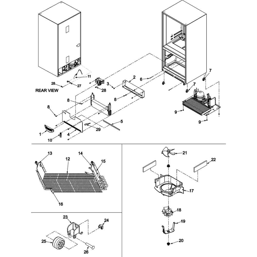 Evaporator Area & Rollers Diagram and Parts List for AFF2534FEB1  Amana Refrigerator