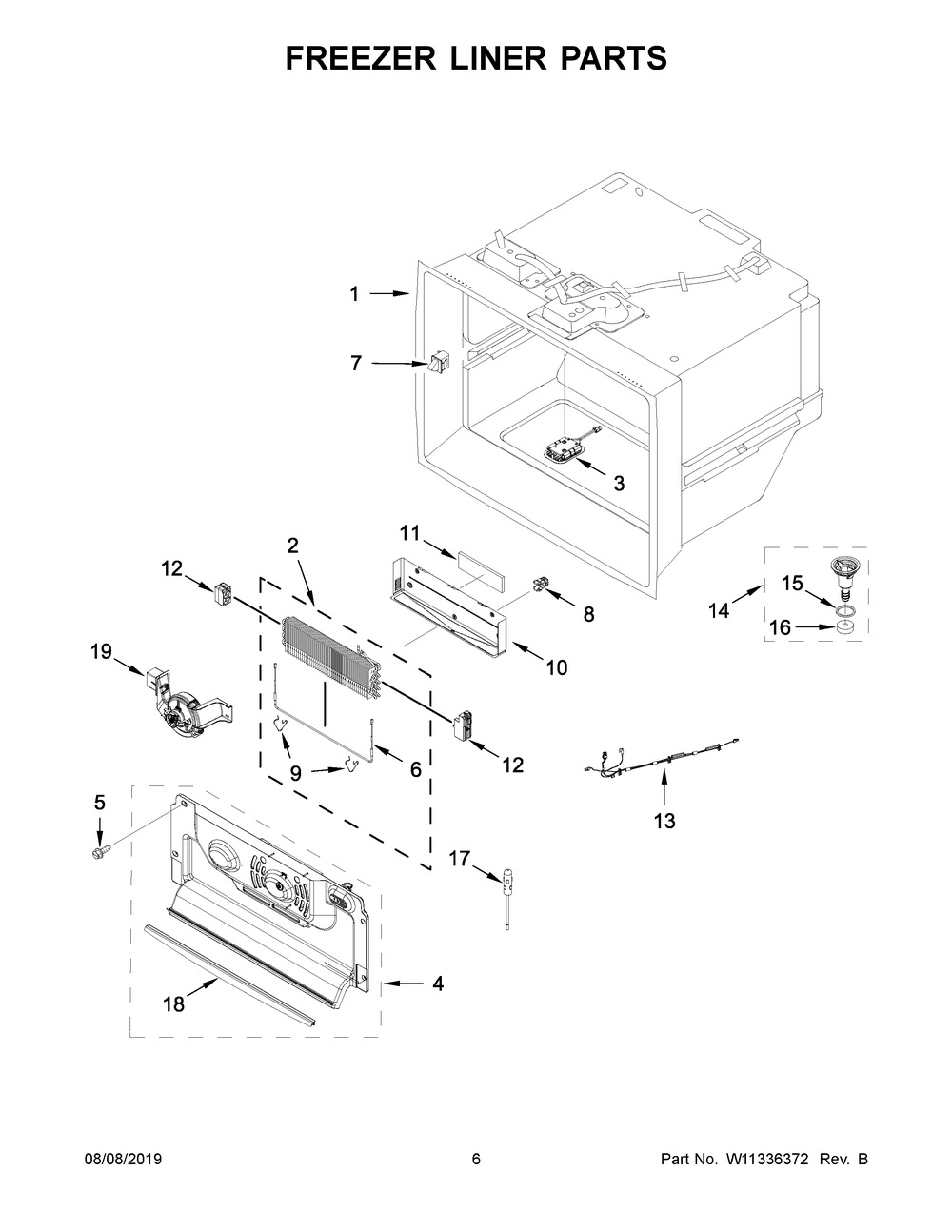 Freezer Liner Parts Diagram and Parts List for JFFCC72EHL01  Maytag Refrigerator