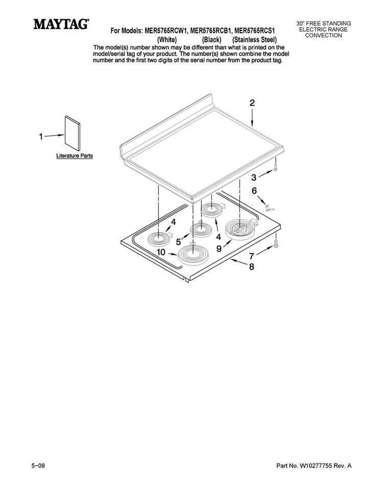 Cooktop Parts Diagram and Parts List for MER5765RCB1  Maytag Range
