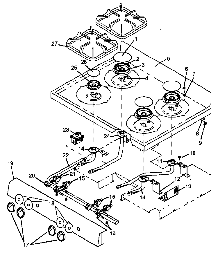 Main Top Assembly Diagram and Parts List for AGS751W1P1141273NW  Amana Range