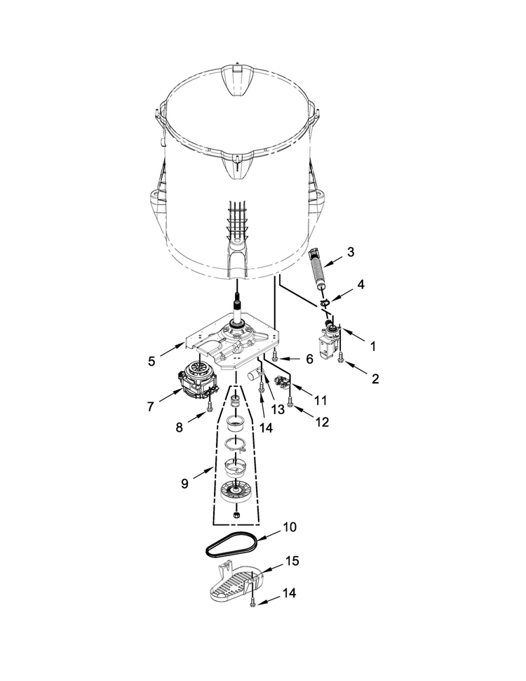 Gearcase, Motor And Pump Parts Diagram and Parts List for 7MMVWX521BW1  Maytag Washer