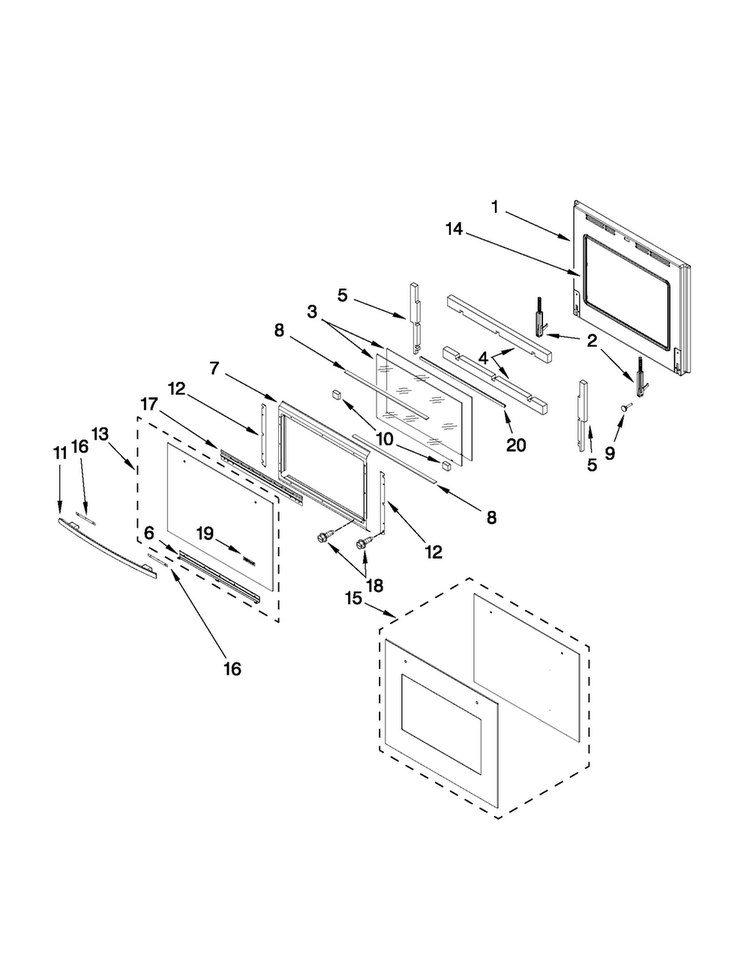 Lower Oven Door Parts Diagram and Parts List for JJW2730WS01  Jenn-Air Wall Oven
