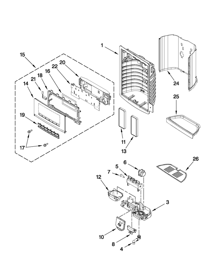 Dispenser Front Parts Diagram and Parts List for MSD2559XEB01  Maytag Refrigerator