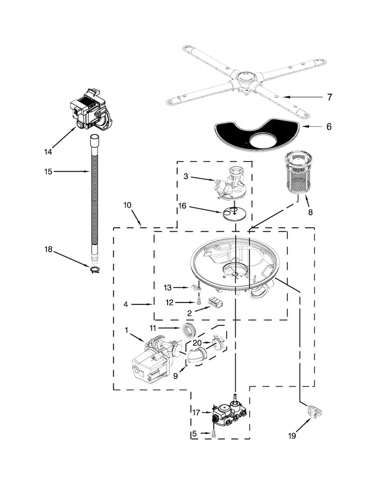 Pump, Washarm And Motor Parts Diagram and Parts List for JDB9800CWS1  Jenn-Air Dishwasher