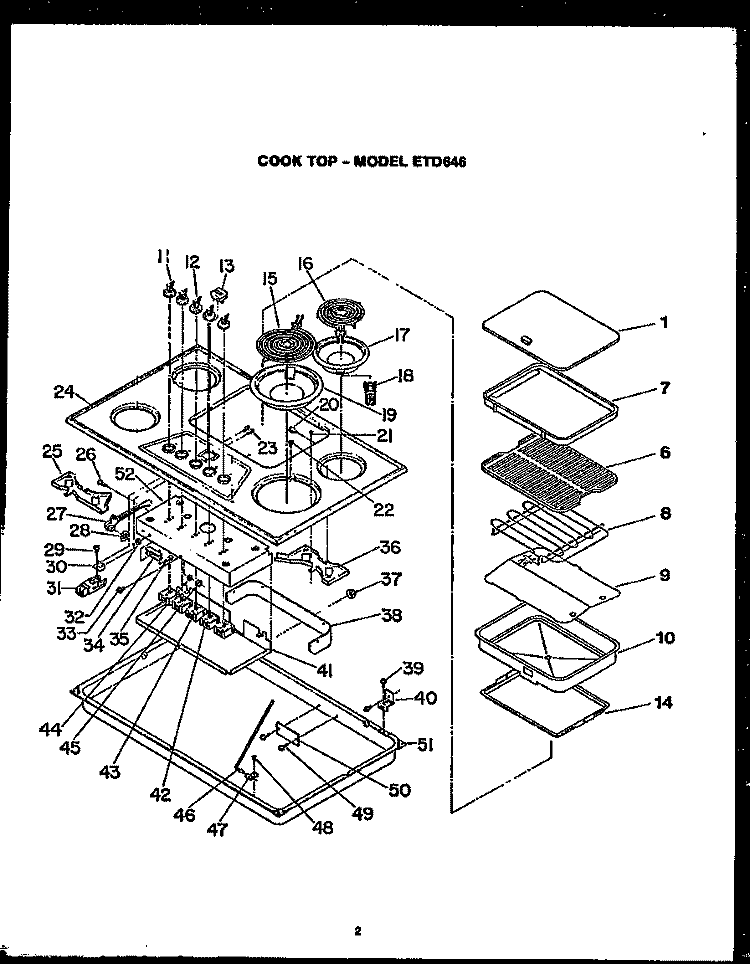 Page 1 Diagram and Parts List for ETD646  Caloric Cooktop