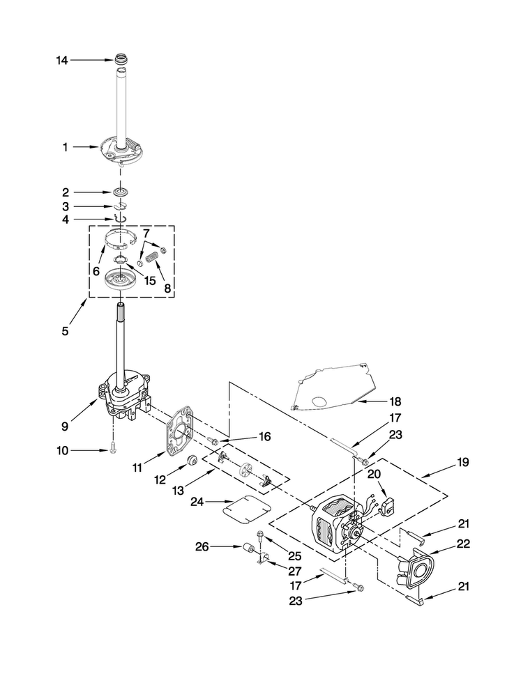Brake, Clutch, Gearcase, Motor And Pump Parts Diagram and Parts List for 4KMTW5405TQ1  Maytag Washer