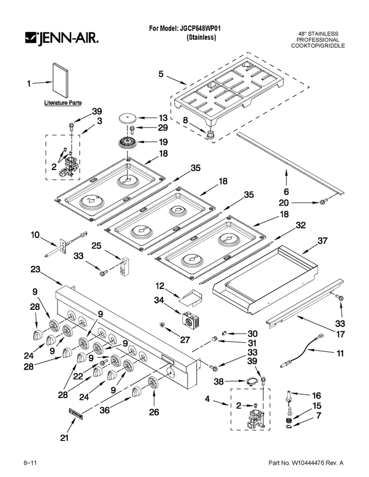 Cooktop, Burner And Grate Parts Diagram and Parts List for JGCP548WP01  Jenn-Air Cooktop