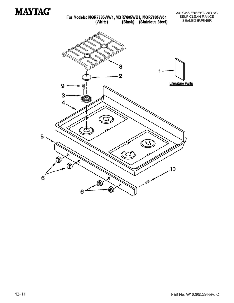 Cooktop Parts Diagram and Parts List for MGR7665WS1  Maytag Range