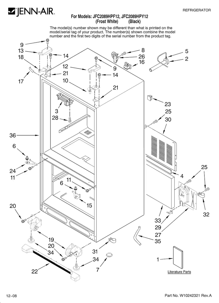 Cabinet Parts Diagram and Parts List for JFC2089HPF12  Jenn-Air Refrigerator