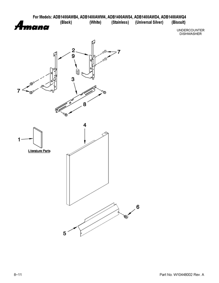 Door And Panel Parts Diagram and Parts List for ADB1400AWD4  Amana Dishwasher