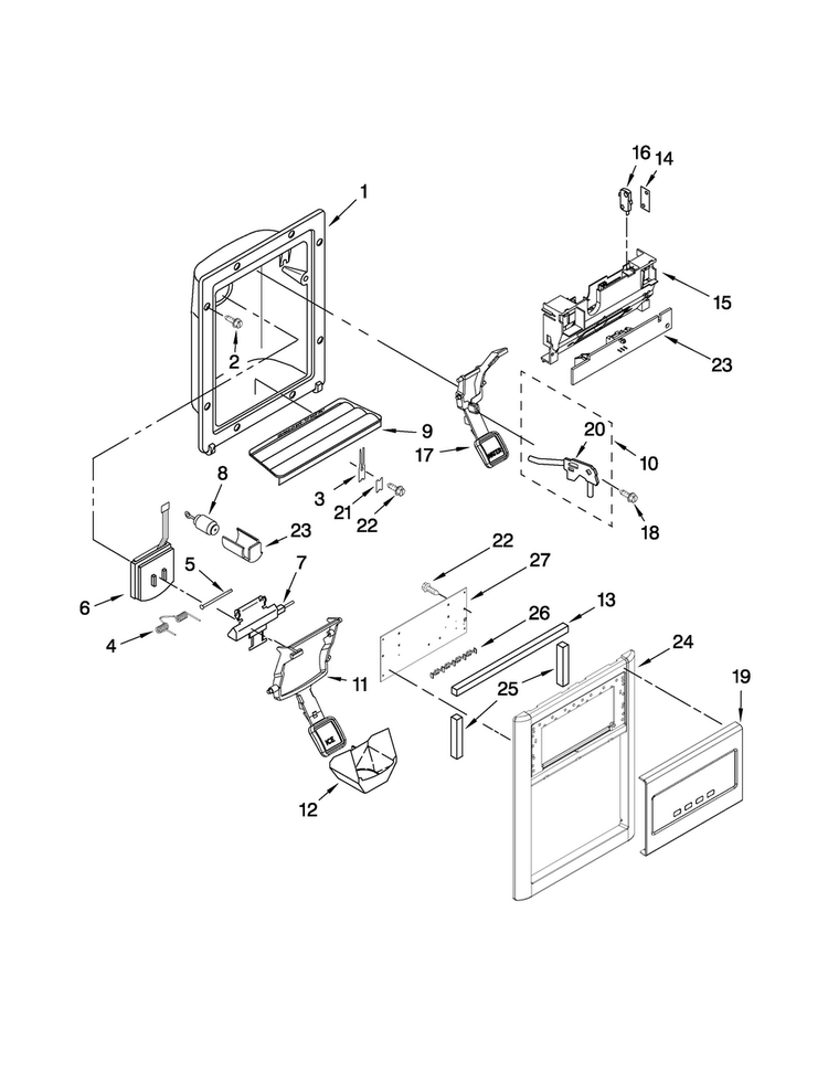 Dispenser Front Parts Diagram and Parts List for MCD2358WEW01  Maytag Refrigerator