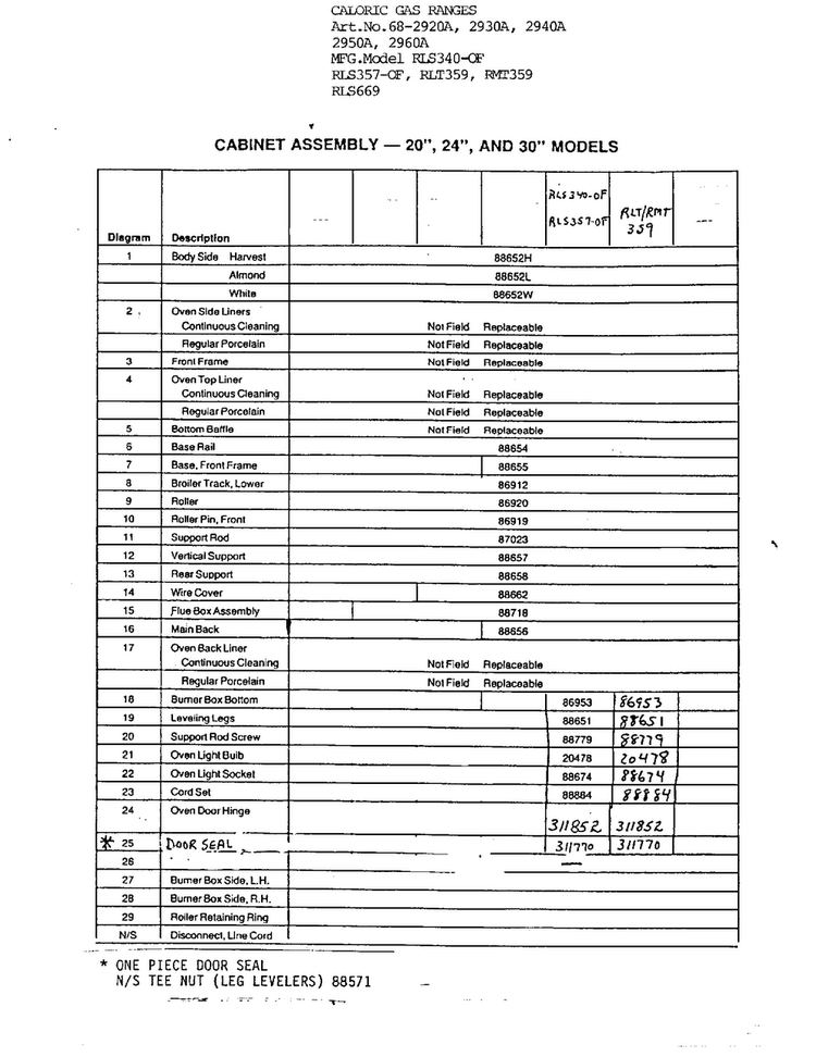 Cabinet Assy For 20", 24" And 30" Models Page 2 Diagram and Parts List for 2940A  Amana Range