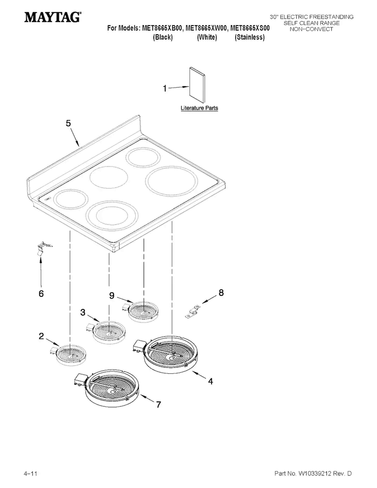 Cooktop Parts Diagram and Parts List for MET8665XW00  Maytag Range