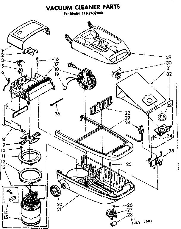 Base Assembly Diagram and Parts List for 1162432080  Kenmore Canister Vacuum