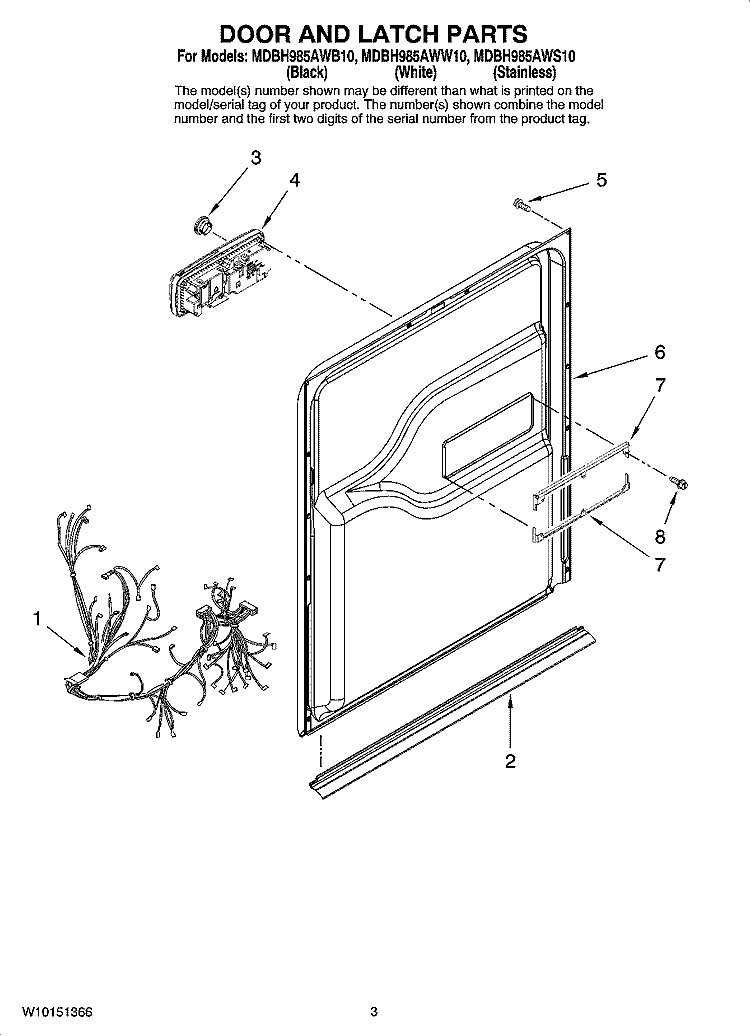 DOOR AND LATCH PARTS Diagram and Parts List for MDBH985AWW10  Maytag Dishwasher