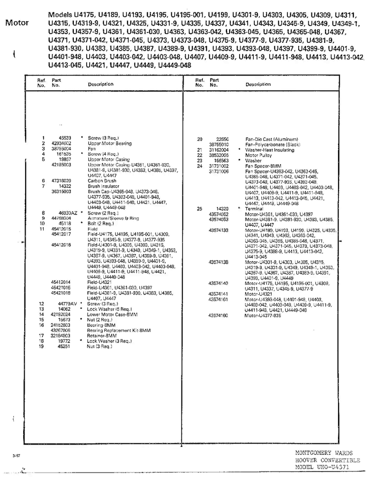 Motor Assembly Page 2 Diagram and Parts List for U4119  Hoover Upright Vacuum