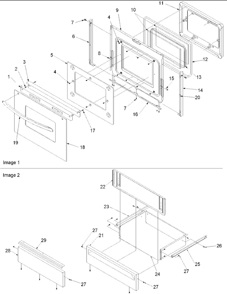 Oven Door And Storage Drawer Diagram and Parts List for ARDS802E-P1131948NE  Amana Range