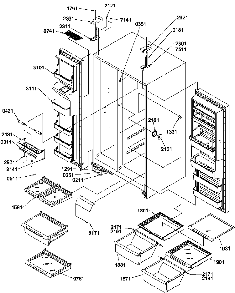 Refrigerator/freezer Shelves, Lights, And Hinges Diagram and Parts List for SBDX520TW-P1313202WW  Amana Refrigerator