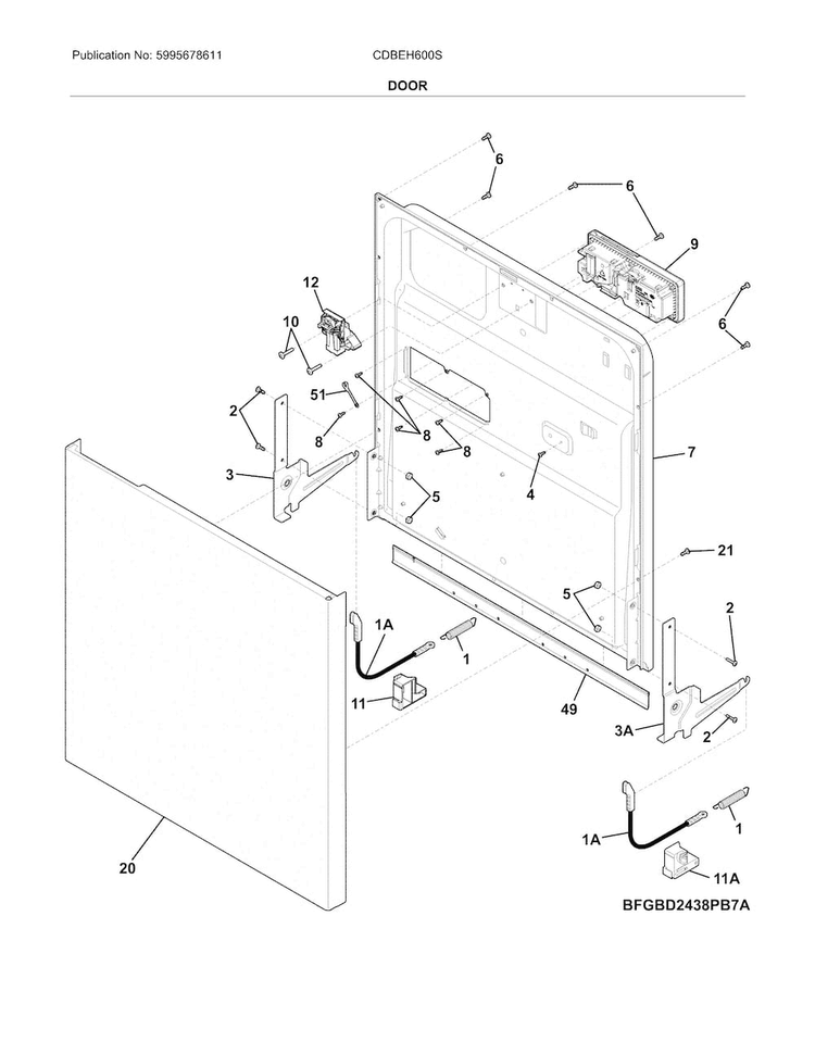 Door Diagram and Parts List for CDBEH600SS0A  Crosley Dishwasher