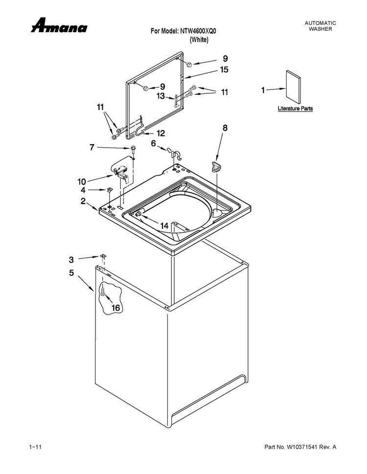 Top And Cabinet Parts Diagram and Parts List for NTW4600XQ0  Amana Washer